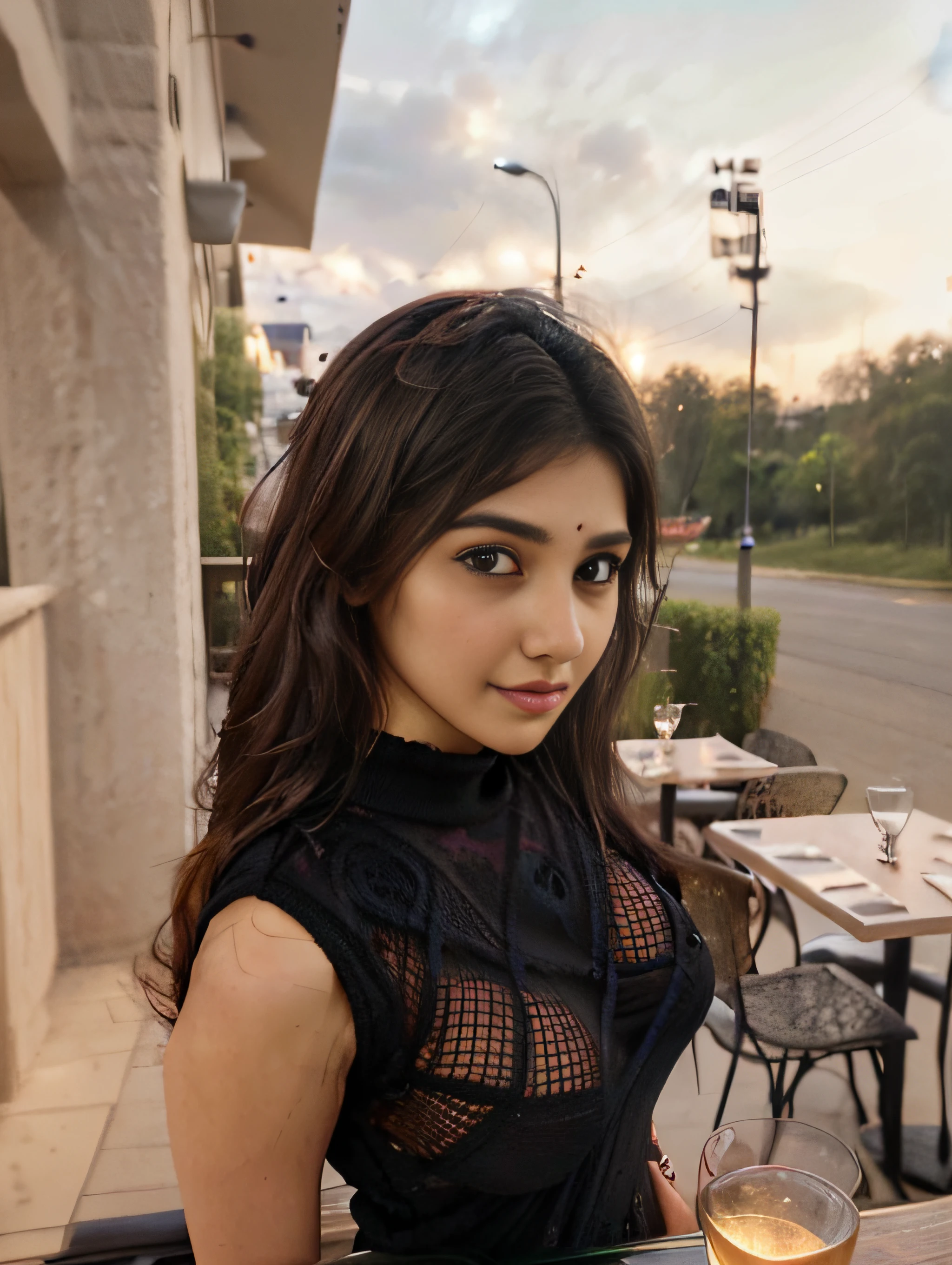Raw photo, realistic,girl,Indian girl,age 22, full body,pale skin, body, beautiful face, detailed face,black fishnet sweater dress,big , big breasts, upper body, sitting, cowboy shot, outdoor, night, restaurant, ((looking at viewer:1.4)),((face towards me)), from below,side profile