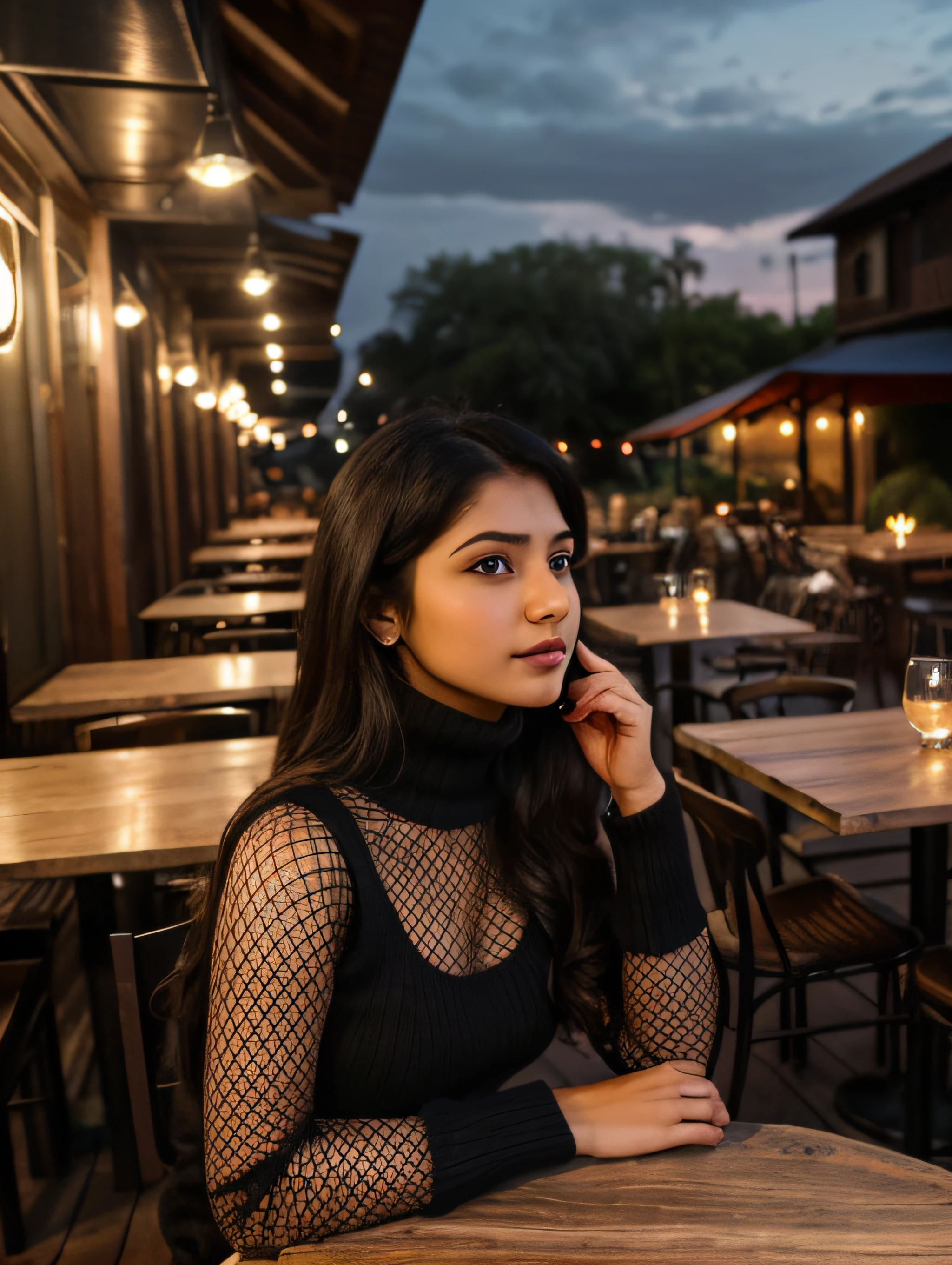 Raw photo, realistic,girl,Indian girl,age 22, full body,pale skin, body, beautiful face, detailed face,black fishnet sweater dress,big breasts, upper body, sitting, cowboy shot, outdoor, night, restaurant, ((looking at viewer:1.4)),((face towards me)), from below,side profile