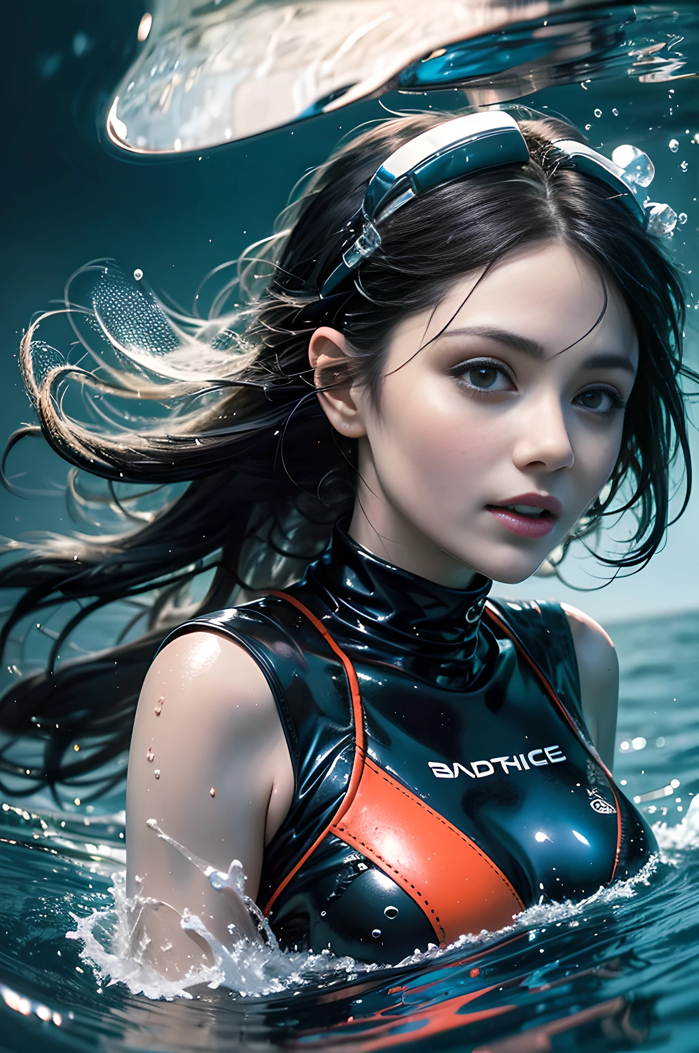 1girl，（lewd：1.0），Multiple hands，crowd of，wet suit，​masterpiece，the best quality，abundantly detailed （high-angle：1.5），deep dark background，looking looking at viewer，drowning，under the water，Floating hair，sink，dark themes，