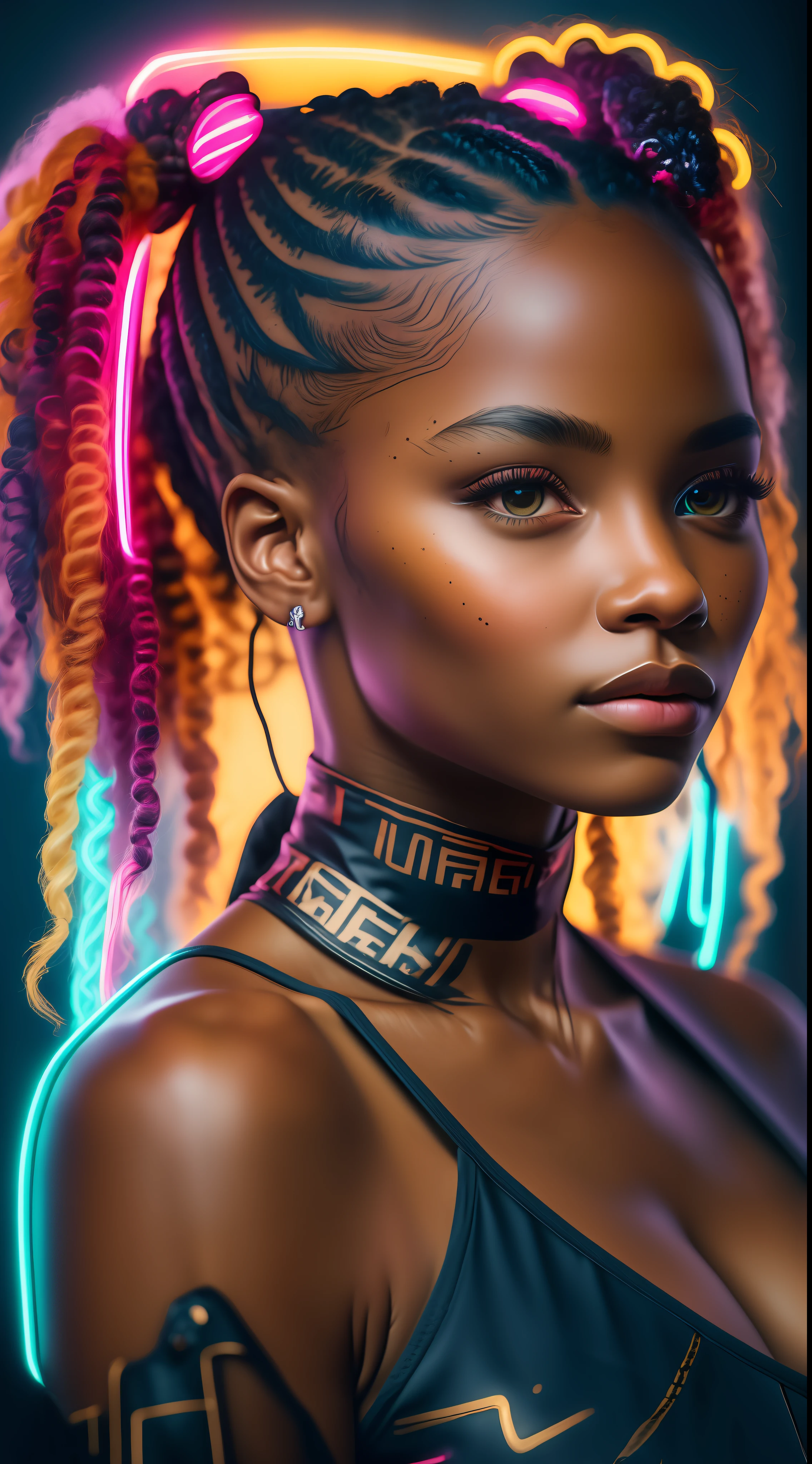 (FOTO 8K RAW ULTRA REALISTA neon)ROSTO de  2 meninas de 15 anos  ,AFRO AMERICANA, a outra loira,Cabelo pigtails,com sardas e manchas na pele, tatuagens no rosto, fleshy lips , Looking at camera with side angle,fundo escuro ,( cinematic images)