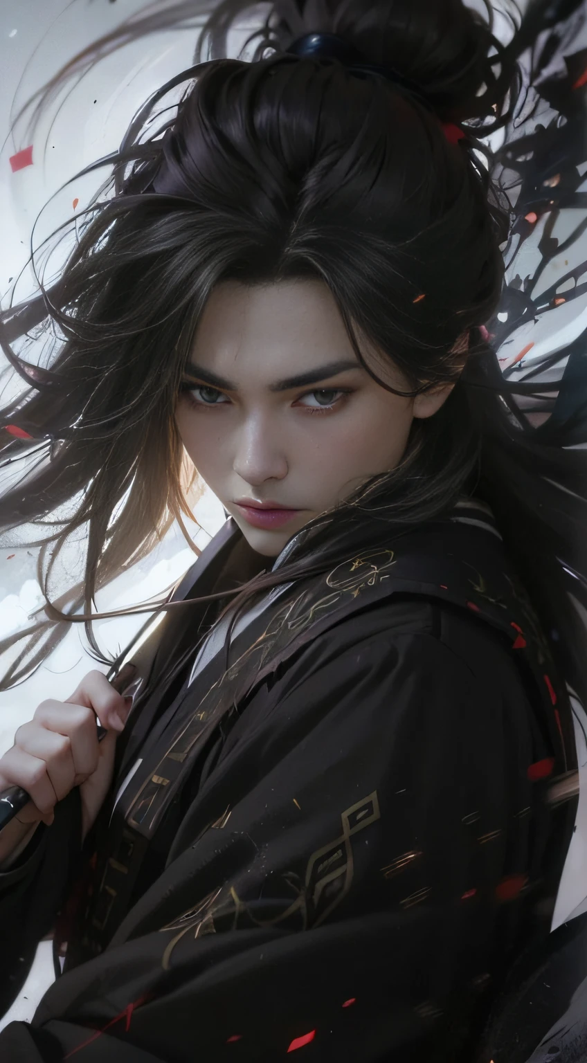 A 20-year-old heroine，length hair，Hanfu，Robe，Handsome face shape，Fierce and evil，The eyes are murderous，looking straight the viewer，true to life：1.2