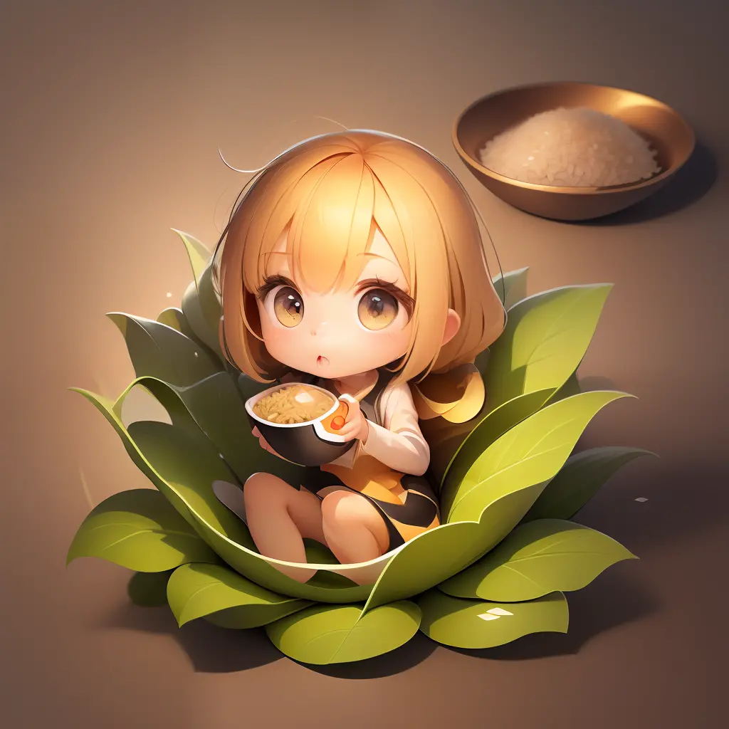 Cute cute cartoon girl，There is an element of food on the body，fullllbody，Energetic，rice，wheat，soy sauce，grain，solid color backdrop，fanciful，dreammy，super reality，super adorable，trending on artstration