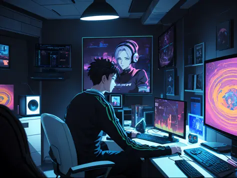 (masterpiece), (best illustration),( humans), anime background, gaming bedroom, television with large computer with chart crypto...