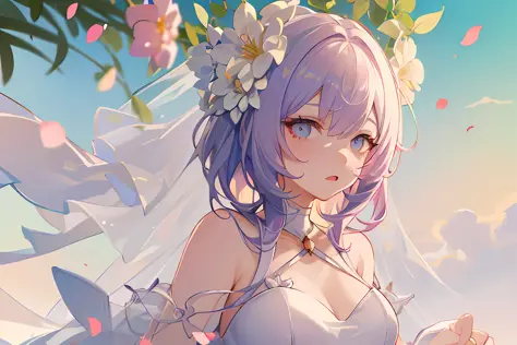 (floating hair:1.2), (detailed and delicate and flexible eyes),(1girl, wedding_dress:1.3), (corrpution,elysia (miss pink):1.2),(white hair)fov, f/1.8, sky, flower petals flying, front portrait shot, side lighting, sunlight on people (masterpiece, best qual...