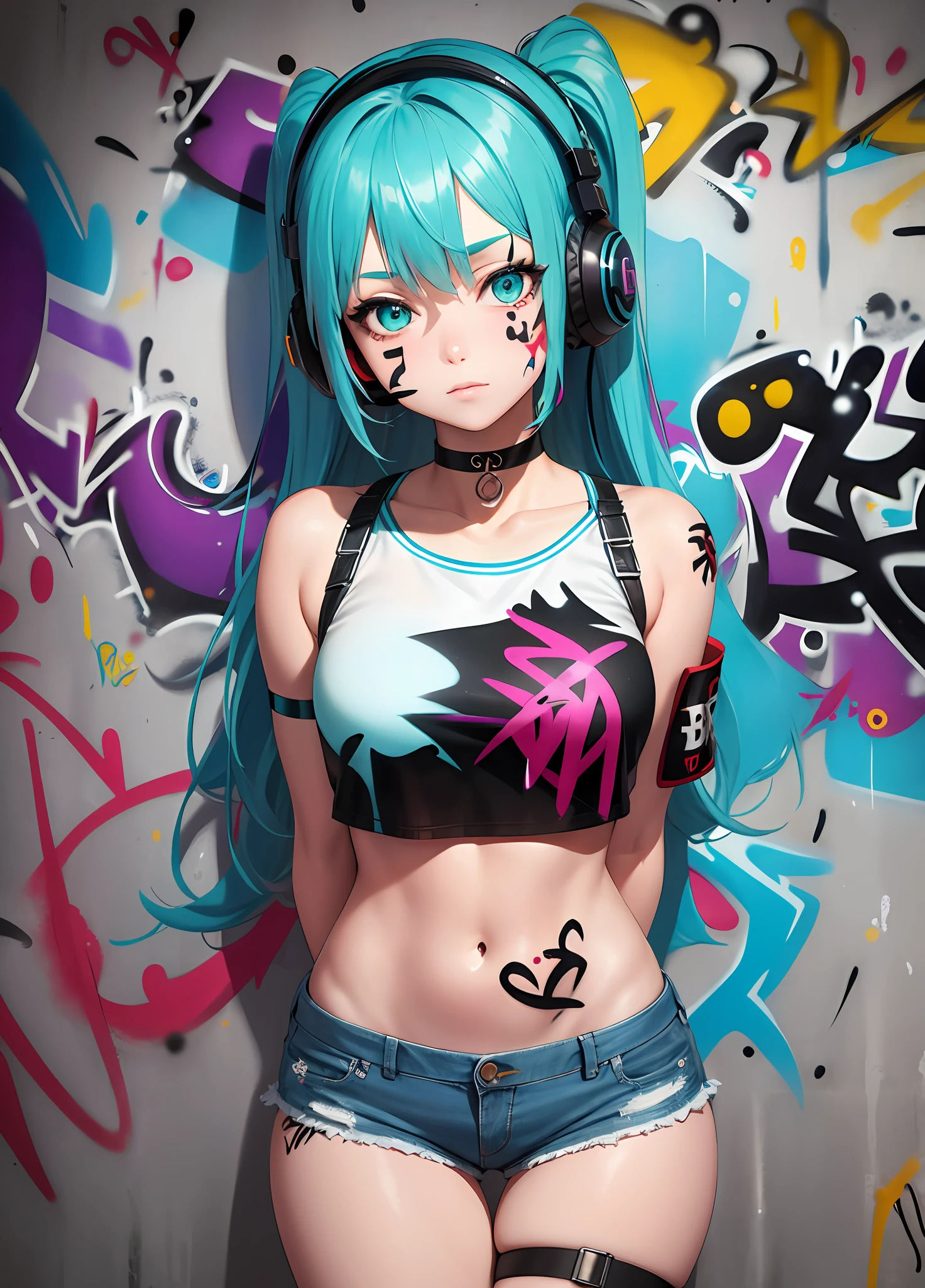 masterpiece, best quality, 1girl, solo, crop top, denim shorts, choker, (graffiti:1.5), paint splatter, arms behind back, against wall, looking at viewer, armband, thigh strap, paint on body, head tilt, bored, multicolored hair, aqua eyes, headset,