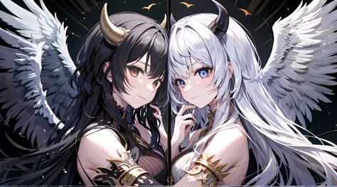 （2girls）, （Angels and demons）, （twins）, （Wings）, （Long silver hair and long black hair）, （Delicate glowing pretty face and delic...