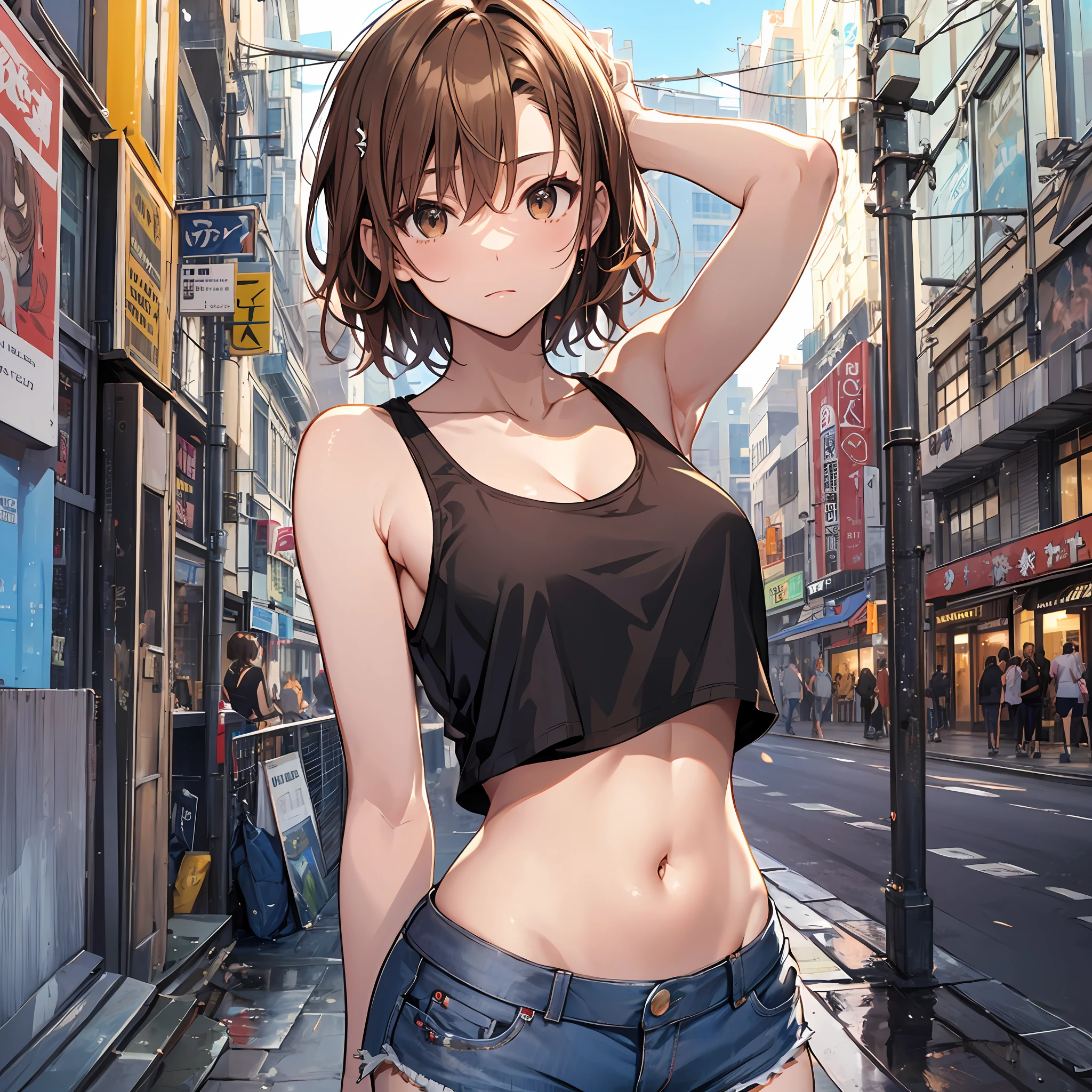 ​masterpiece, beste-Qualit, Misaka_mikoto, Brown-eyed, Short_Hair, Small_Breast,）　Tank Tops　Beauty navel　shortpants　Random Posing　In the street　Random View