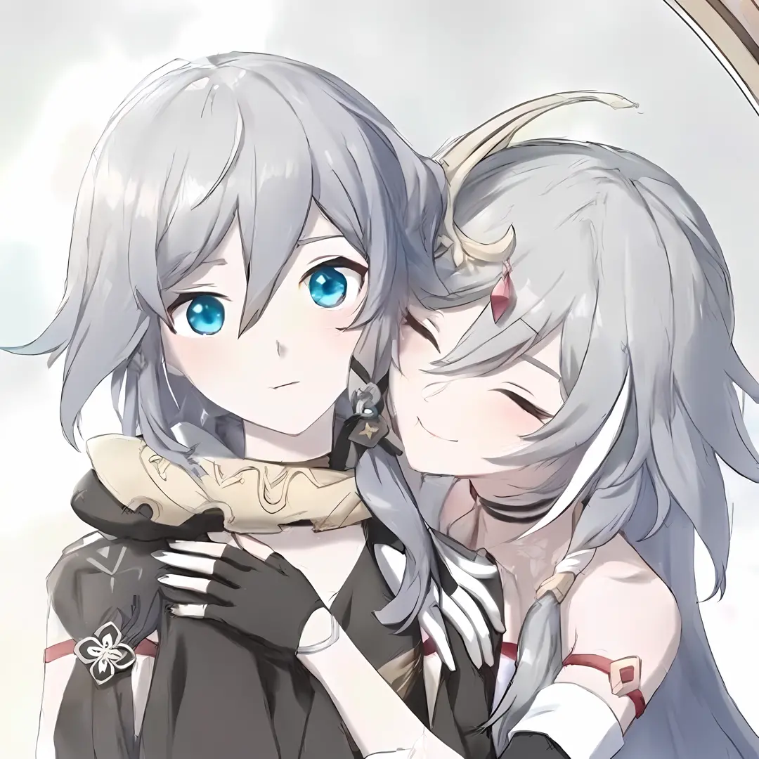 anime couple hugging in front of a mirror with blue eyes, From Arknights, from girls frontline, two beautiful anime girls, fus r...