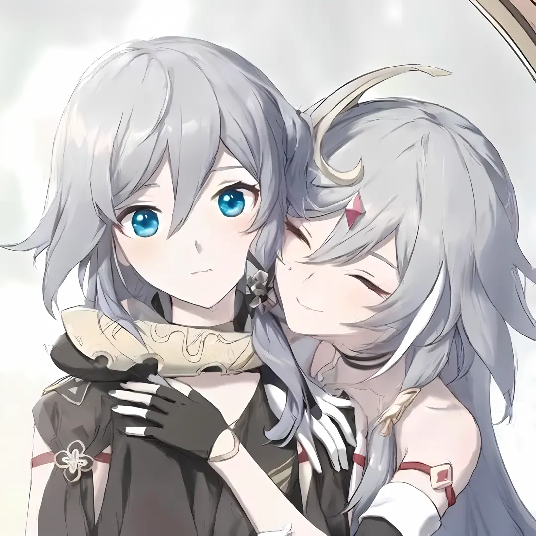 anime couple hugging in front of a mirror with blue eyes, From Arknights, from girls frontline, two beautiful anime girls, fus r...