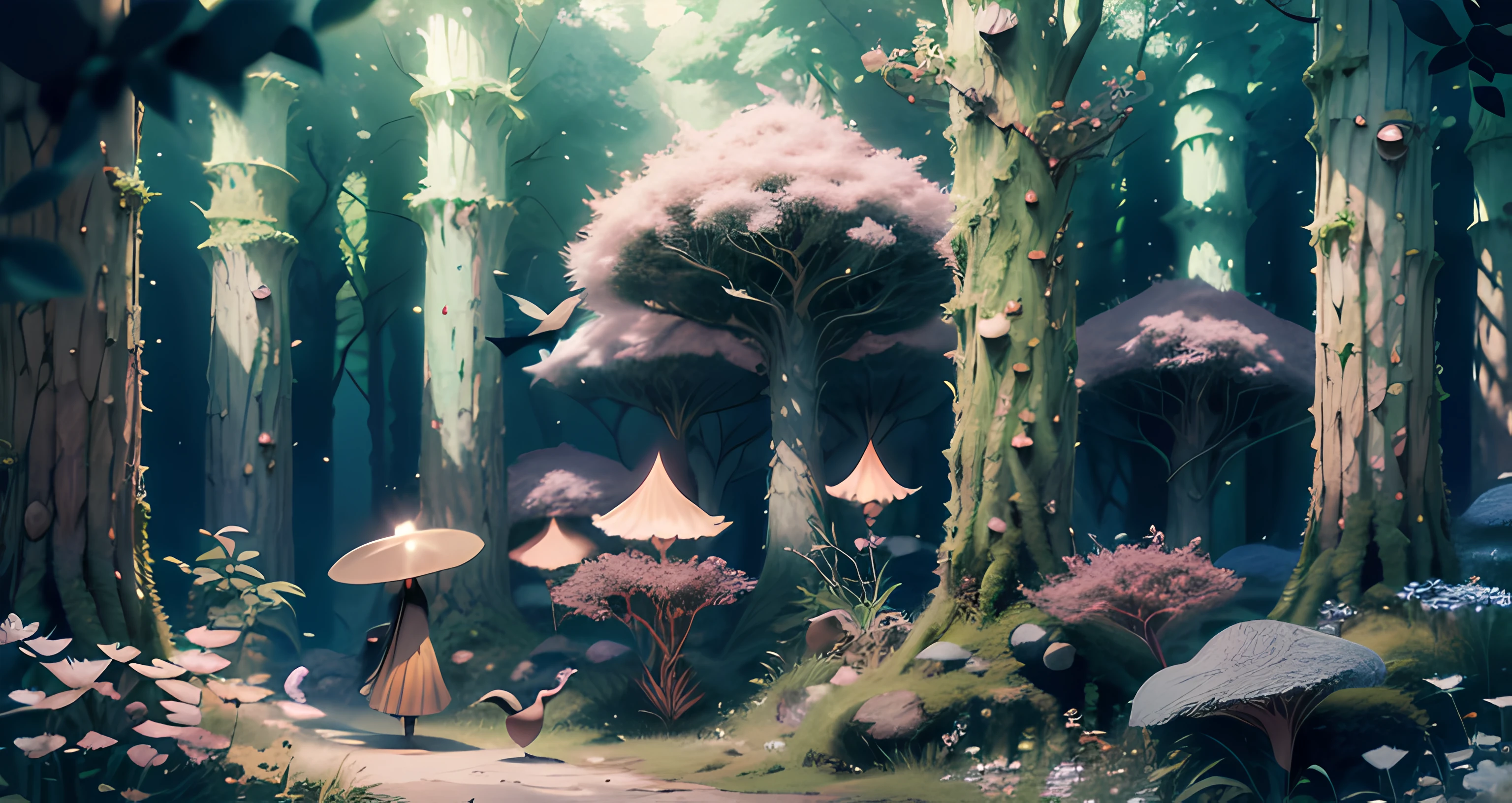 landscape, magical forest, mushrooms, birds, flowers, trees, fairy, witches, magic, forest, Art Deco, Cubist Futurism, Baroque, Cubism, perspective, atmospheric perspective, Ultra-Wide Angle, Eye-Level Shot, god rays, optical illusion, multiple monochrome, UHD, masterpiece, anatomically correct, super detail, high quality, best quality, 8k, highres, award winning