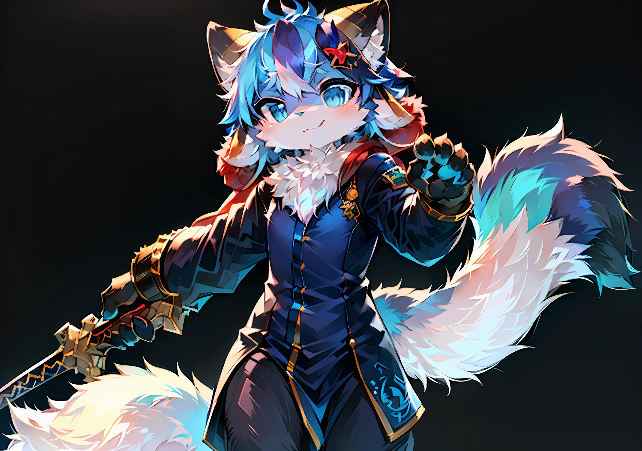 (ambiente dark:0.8),巨作,High quality,abstract res,Digital painting\(The artwork\), Yupa,Kiyosan,(anthro,Fluffy fur,Character focus:1.1),anthro male cat,eyes with brightness, 独奏, shaggy, shaggy male, (Full Body Furry, Fluffy tail, White fur, blue color eyes, There are blue horns on the head，There are stars in the eyes，ssmile:1.2), (long canines、holding long sword、heavily armed、sense of science and technology、looking towards the viewer：1.2），（external、the night、As estrelas、A starry sky：1.1）