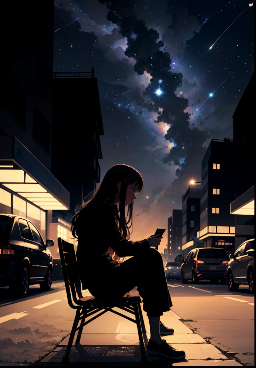 octans, sky, star (sky), scenery, starry sky, night, 1girl, night sky, solo, outdoors, signature, building, cloud, milky way, sitting, tree, long hair, city, silhouette, cityscape --auto