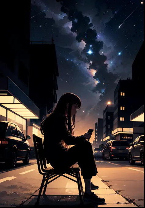 octans, sky, star (sky), scenery, starry sky, night, 1girl, night sky, solo, outdoors, signature, building, cloud, milky way, si...