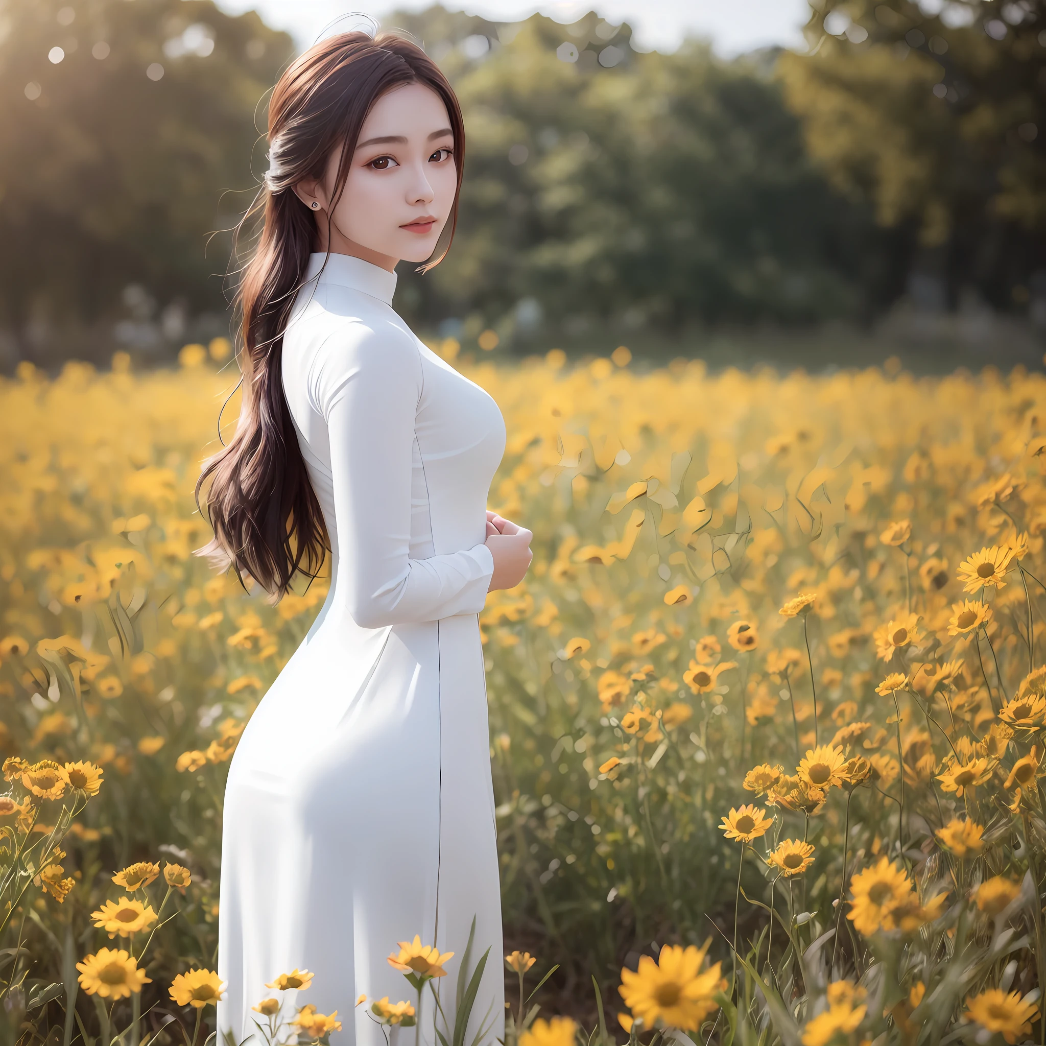 a beautiful girl in white aodai , masterpiece, best quality, realistic:1.3,in a field of flowers, sunlight, backlighting,desktop wallpaper 4k,good finger,looking from behind