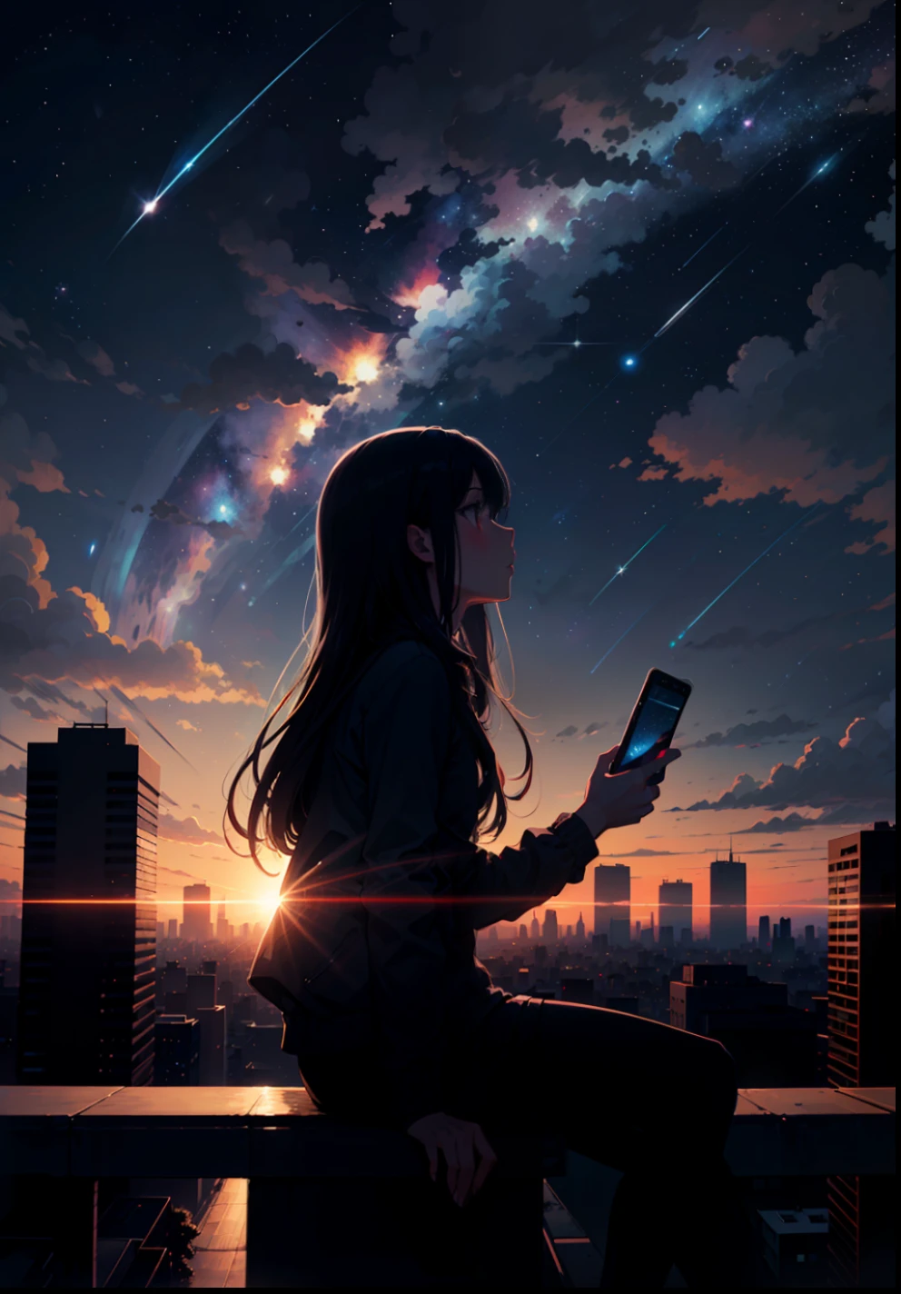 octans, sky, star (sky), scenery, starry sky, night, 1girl, night sky, solo, outdoors, signature, building, cloud, milky way, sitting, tree, long hair, city, silhouette, cityscape --auto