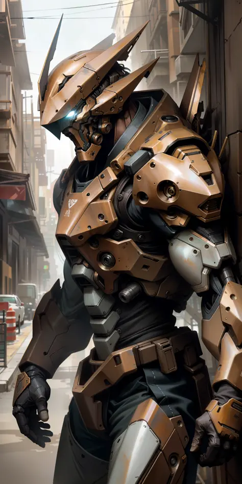 portrait photo of an alpha male, perfect eyes, in a worn mecha suit, intricate, (steel metal [rust]), elegant, sharp focus, phot...