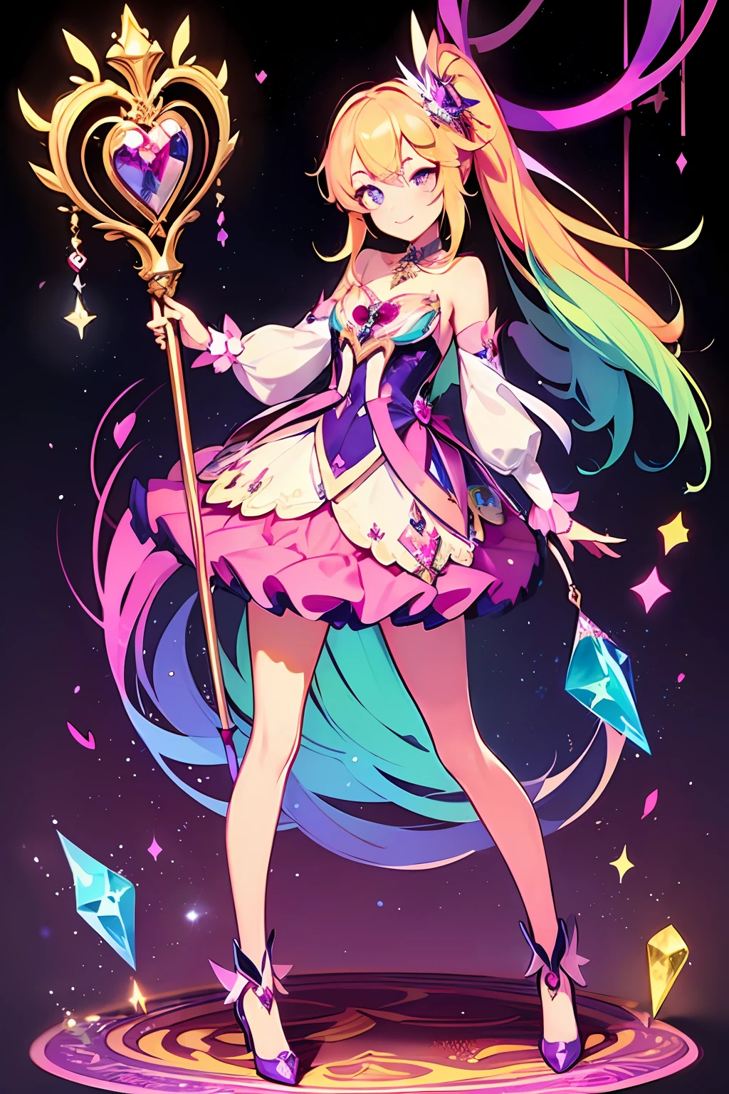 masterpiece, best quality, 1girl, magical girl, detailed dress, colorful pattern, colorful gems, colorful crystals, a magical girl staff, vivid colors, light smile, full body