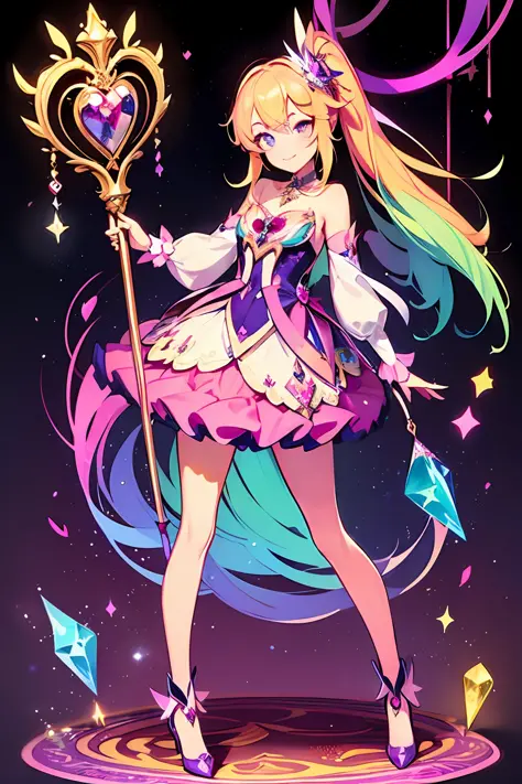 masterpiece, best quality, 1girl, magical girl, detailed dress, colorful pattern, colorful gems, colorful crystals, a magical gi...