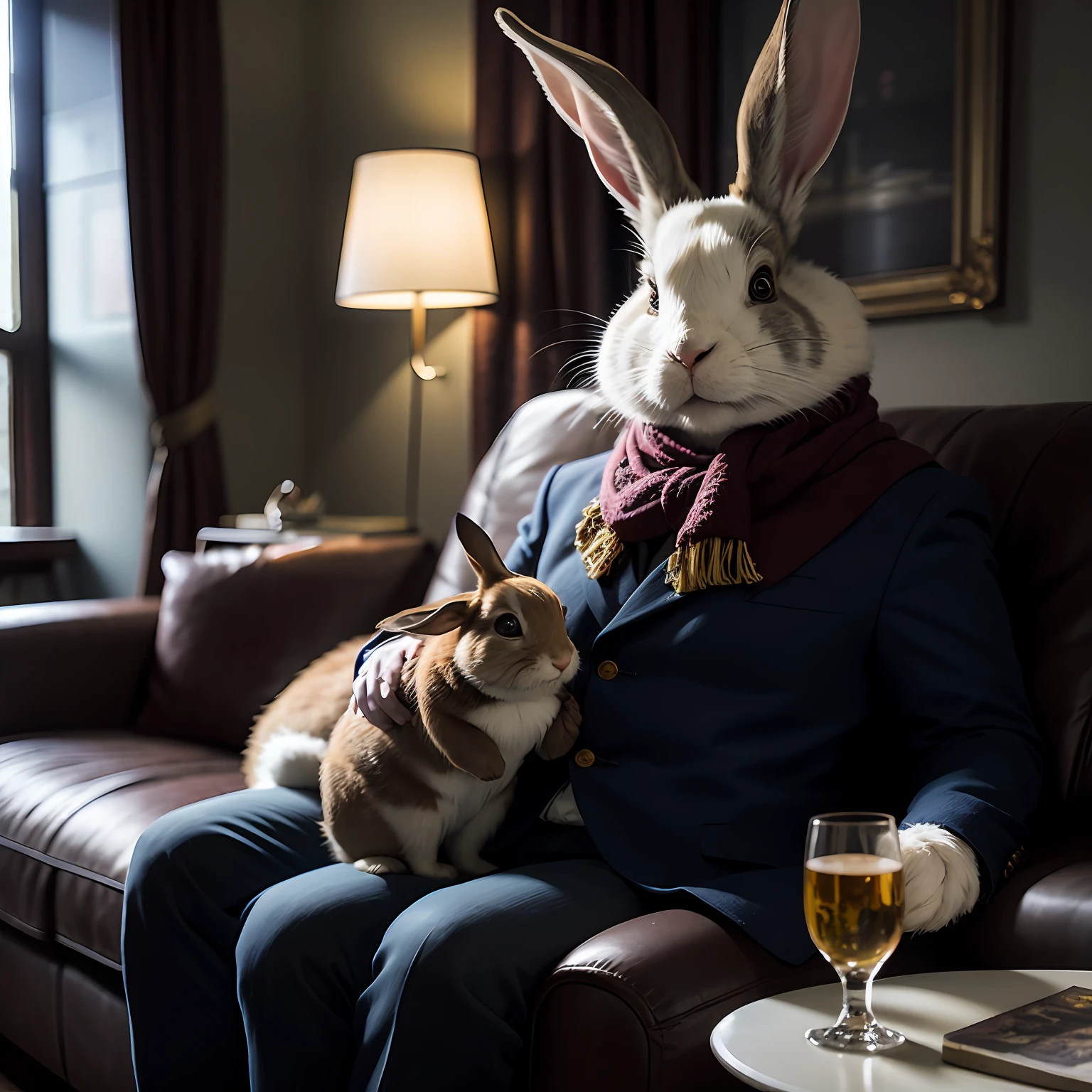 Giant rabbit sitting on the sofa at home、I hold a brandy glass in my right hand、It looks like he's having fun、