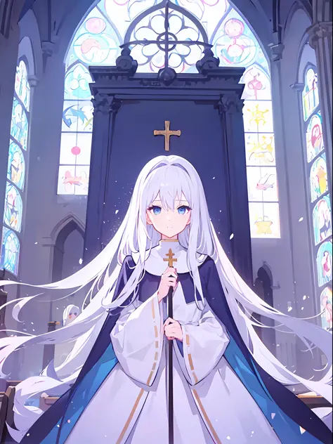 1girl, white hair, solo focus, clearly, blue eyes, very long hair, stole, priest, Bishojo, church