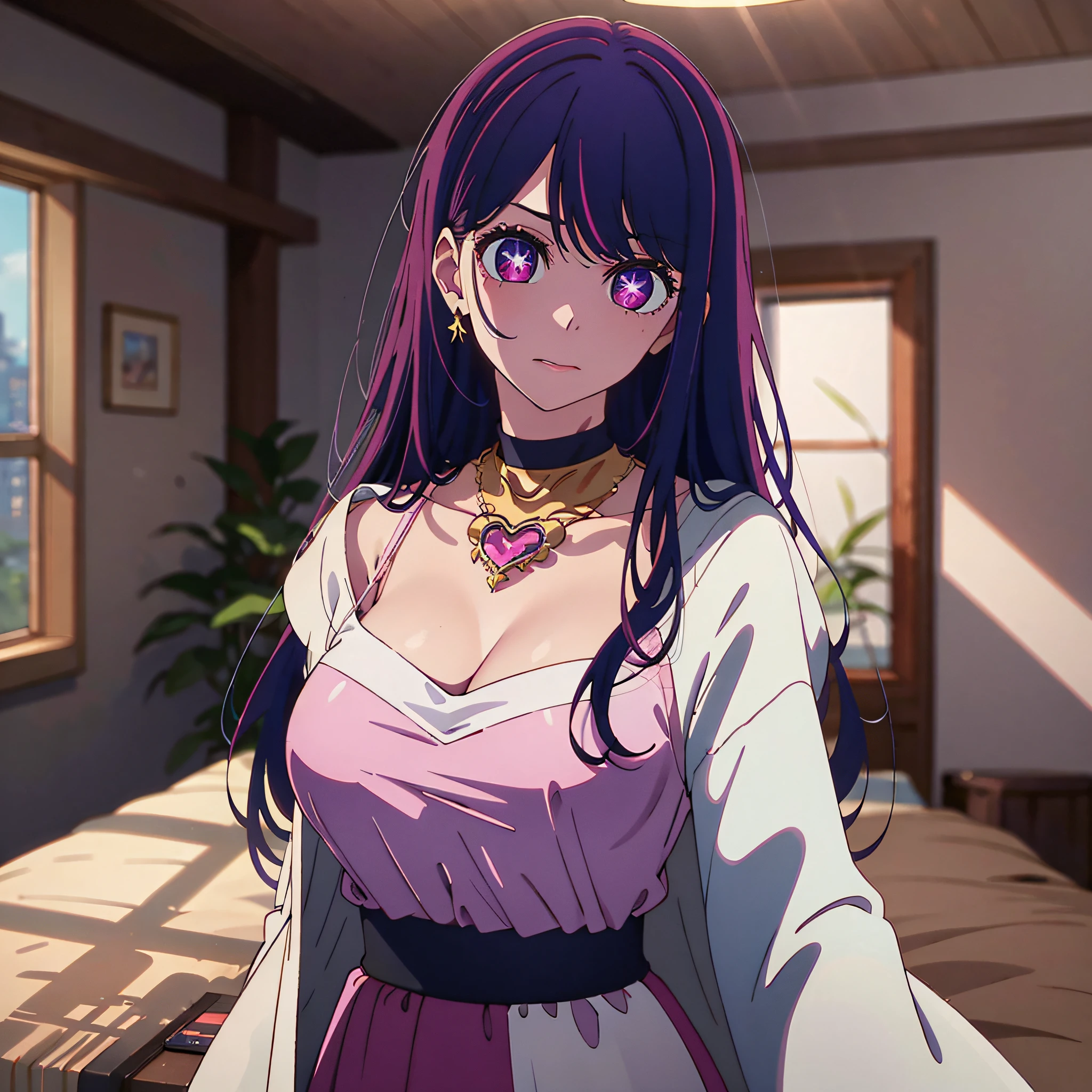 A high resolution，HighestQuali，illustratio，ultra detali，（Detailed face），（Detailed eyes），cinmatic lighting，best quailty，ultra detali，tmasterpiece，Fine lines，1girlhugebreasts，独奏，purple color  hair，Purple eye，White coat，Pink shirt，jewelry，choker necklace，gloweyes，mediuml breasts，llight rays，（a color），Upper body body，inside room，liveroom