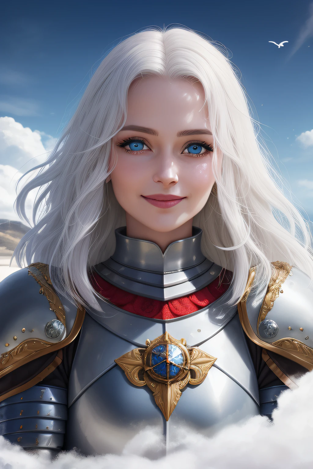 a portrait of a underdeveloped [temptress|siren] , Mocha armor, breastplate, nimbus, fur, cape, perfect face, pretty face, blue eyes, white hair, big hair, normal breasts, lush detail, absurdres, avatar, close-up, face zoom, mystery, fantasy, little smile, face straight, rotated to viewer, white and blue armor details