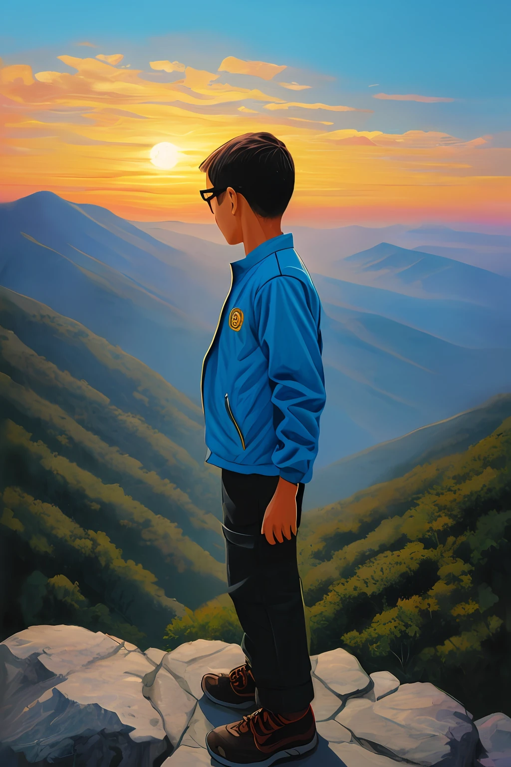 ガットナードビジョン4, 山の上から昇る日の出のイラスト, 黄色がかった空, 青, オレンジ, 複雑な, 日の出の地平線を眺める眼鏡をかけた3歳の男の子. 全身. 彼は冒険服を着ています. 山の麓にはぼんやりとした街が見え、少年がいる高さを示している。. 詳細図, アーティスト Alex Ross が作成した豊富なディテール