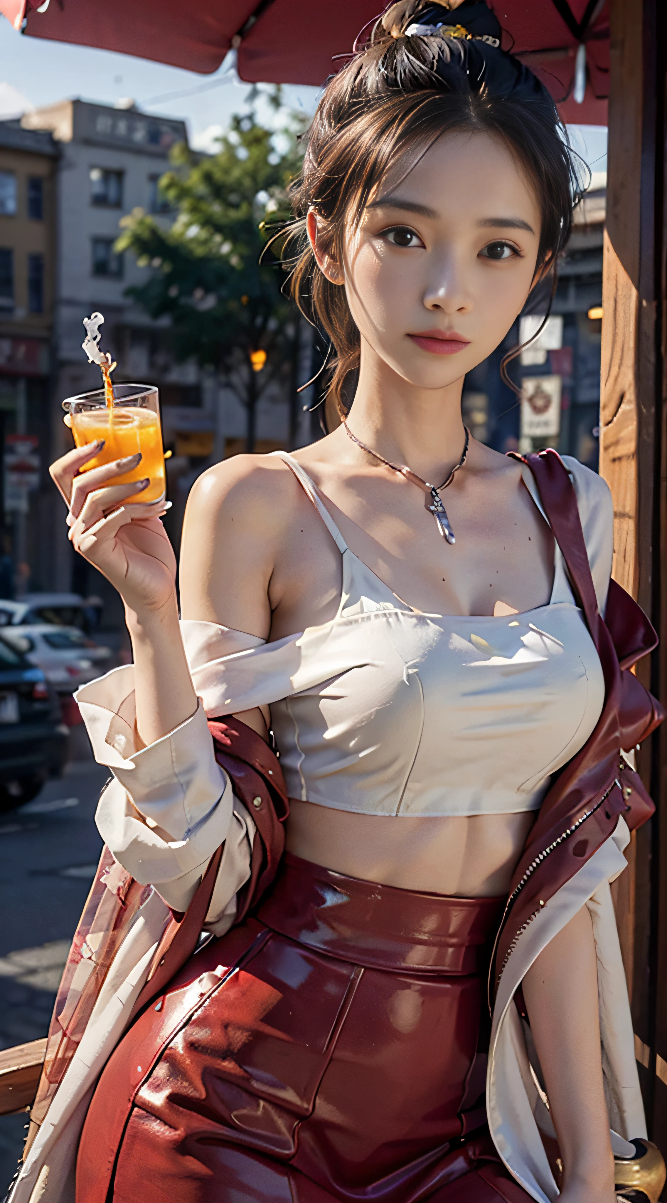 Araffe asian woman in a white top and red leather skirt holding a drink -  SeaArt AI