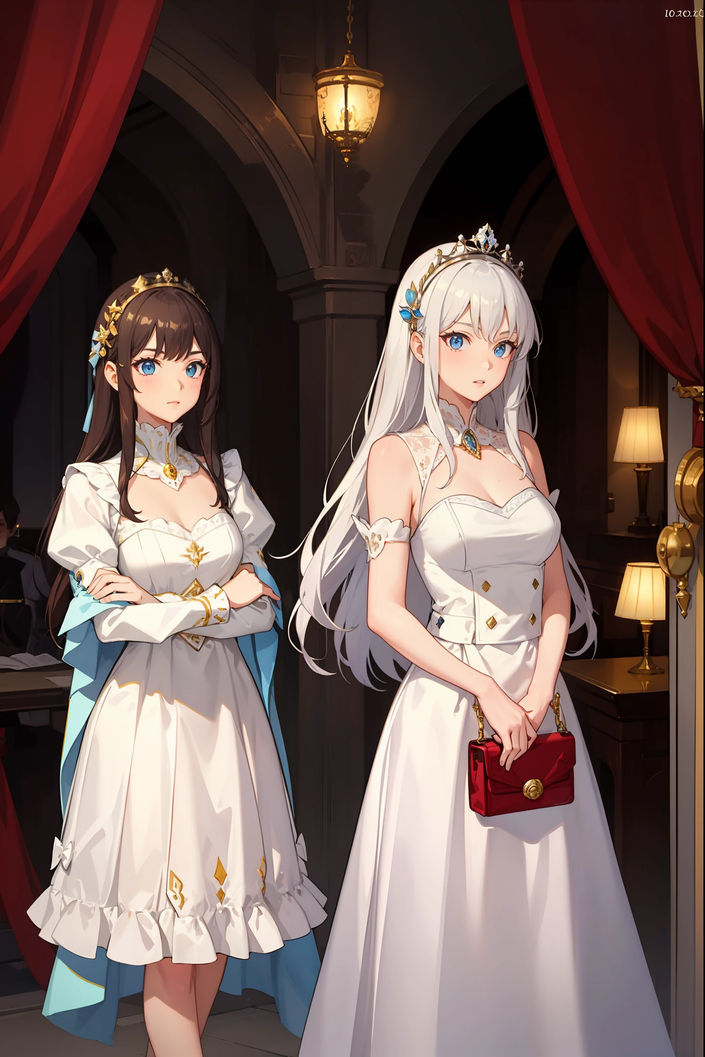 Dos chicas anime con vestidos de novia paradas una al lado de la otra -  SeaArt AI