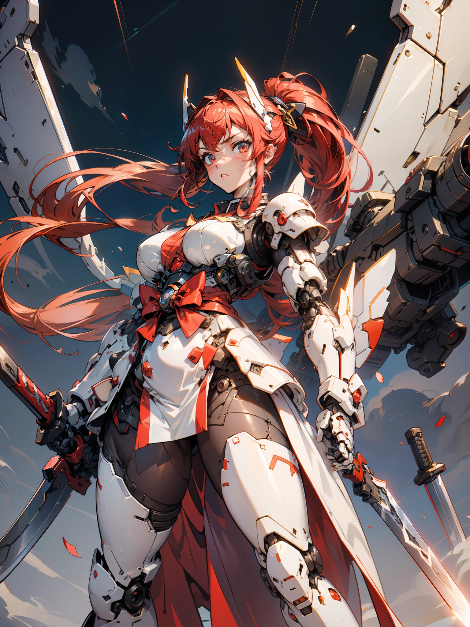 hyper quality, hyper detailed,perfect drawing,Solo, Beautiful Girl, masterpiece, (mecha musume), mechanical armor, headgear, mechanical wings, holding huge gunSamurai wielding a sword, Black Ponytail, Hair tied up with a large red ribbon, Equipped with two Japan swords ((extra huge oversize cool samurai_sword in hands, extra huge cool weapon machine)), open stance, action pose,purgatory,