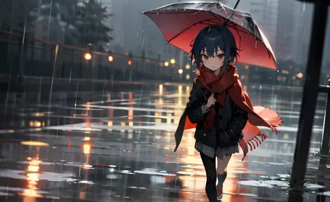 Anime Koshota with a red scarf walking in the rain。