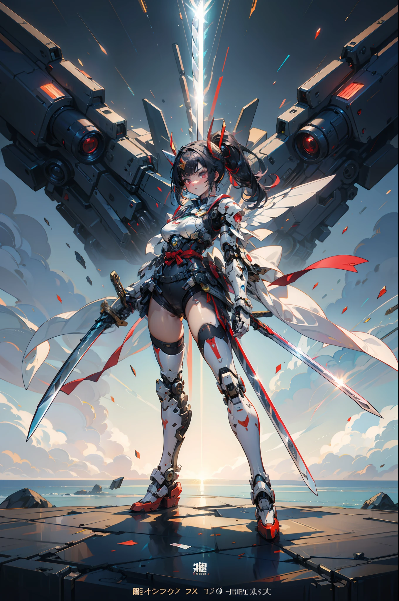 hyper quality, hyper detailed,perfect drawing,Solo, Beautiful Girl, master piece, (mecha musume), mechanical armor, headgear, mechanical wings, holding huge gunSamurai wielding a sword, Black Ponytail, Hair tied up with a large red ribbon, Equipped with two Japan swords ((extra huge oversize cool samurai_sword in hands, extra huge cool weapon machine)), open stance, action pose,purgatory,