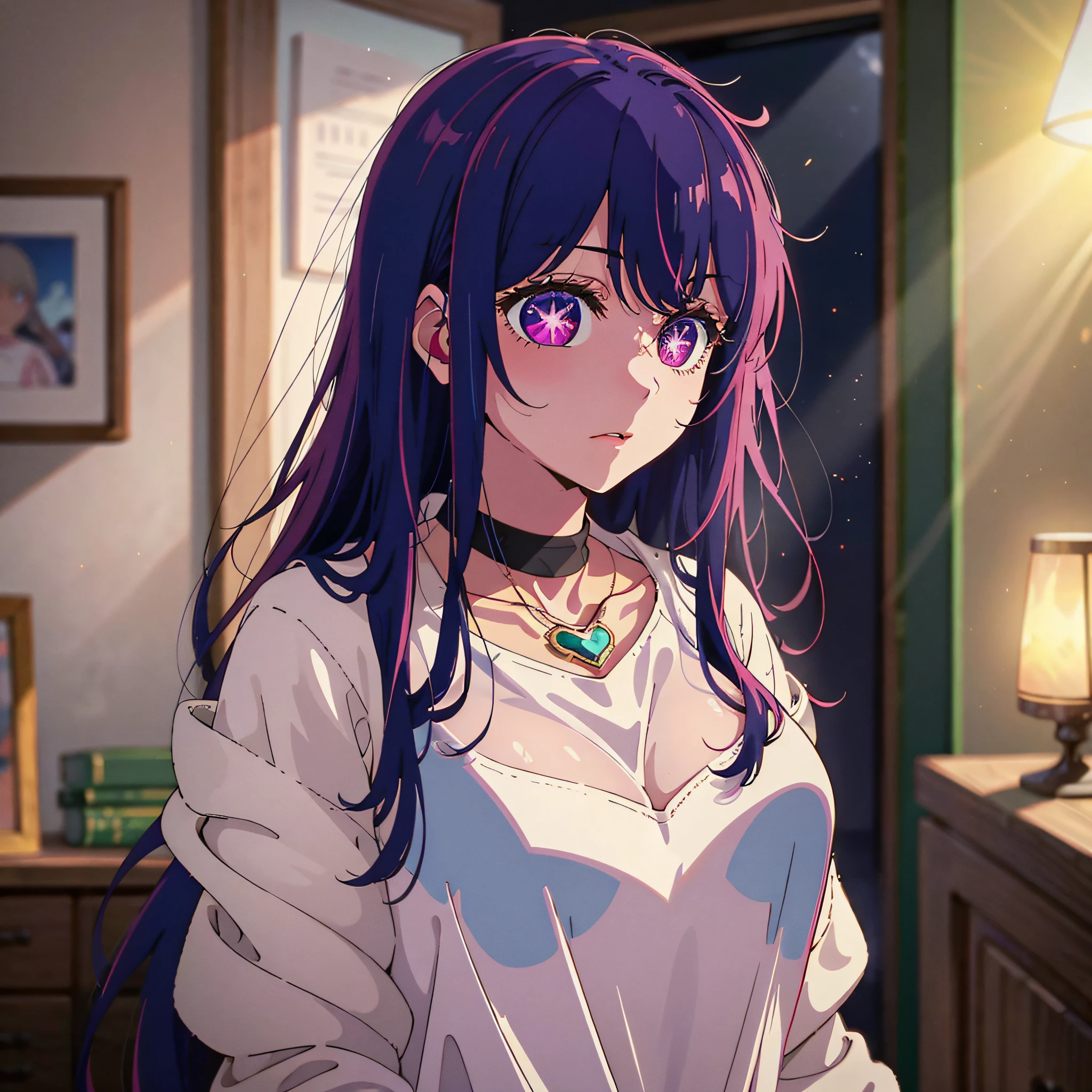 A high resolution，HighestQuali，illustratio，ultra detali，（Detailed face），（Detailed eyes），cinmatic lighting，best quailty，ultra detali，tmasterpiece，Fine lines，1girlhugebreasts，独奏，purple color  hair，Purple eye，White coat，Pink shirt，jewelry，choker necklace，gloweyes，llight rays，（a color），Upper body body，inside room，liveroom