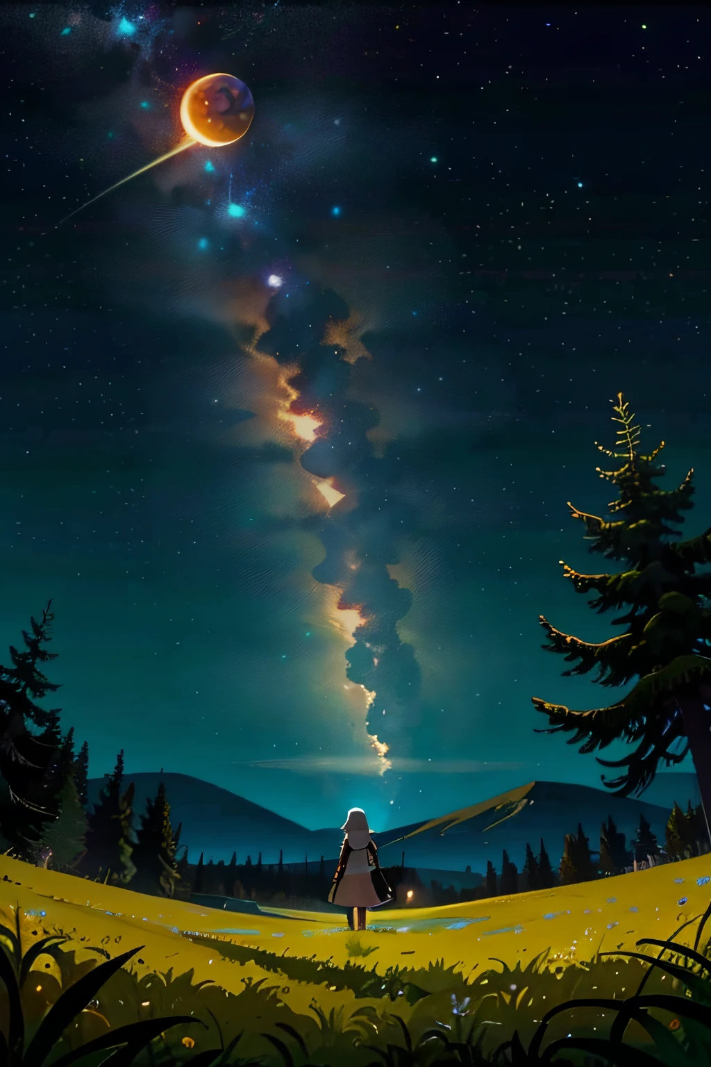 Vast landscape photo, (viewed from below, the sky is above and the open field is below), a girl standing on a flower field looking up, (crescent moon), (meteor: 0.9), (nebula: 1.3), distant mountains , Trees BREAK Crafting Art, (Warm Light: 1.2), (Fireflies: 1.2), Lights, Lots of Purple and Orange, Intricate Details, Volumetric Lighting, Realism BREAK (Masterpiece: 1.2), (Best Quality), 4k, Ultra-Detailed, (Dynamic Composition: 1.4), Very Detailed, Colorful Details, (Rainbow Colors: 1.2), (Glow Lighting, Atmospheric Lighting), Dreamy, Magical, (Solo: 1.2)