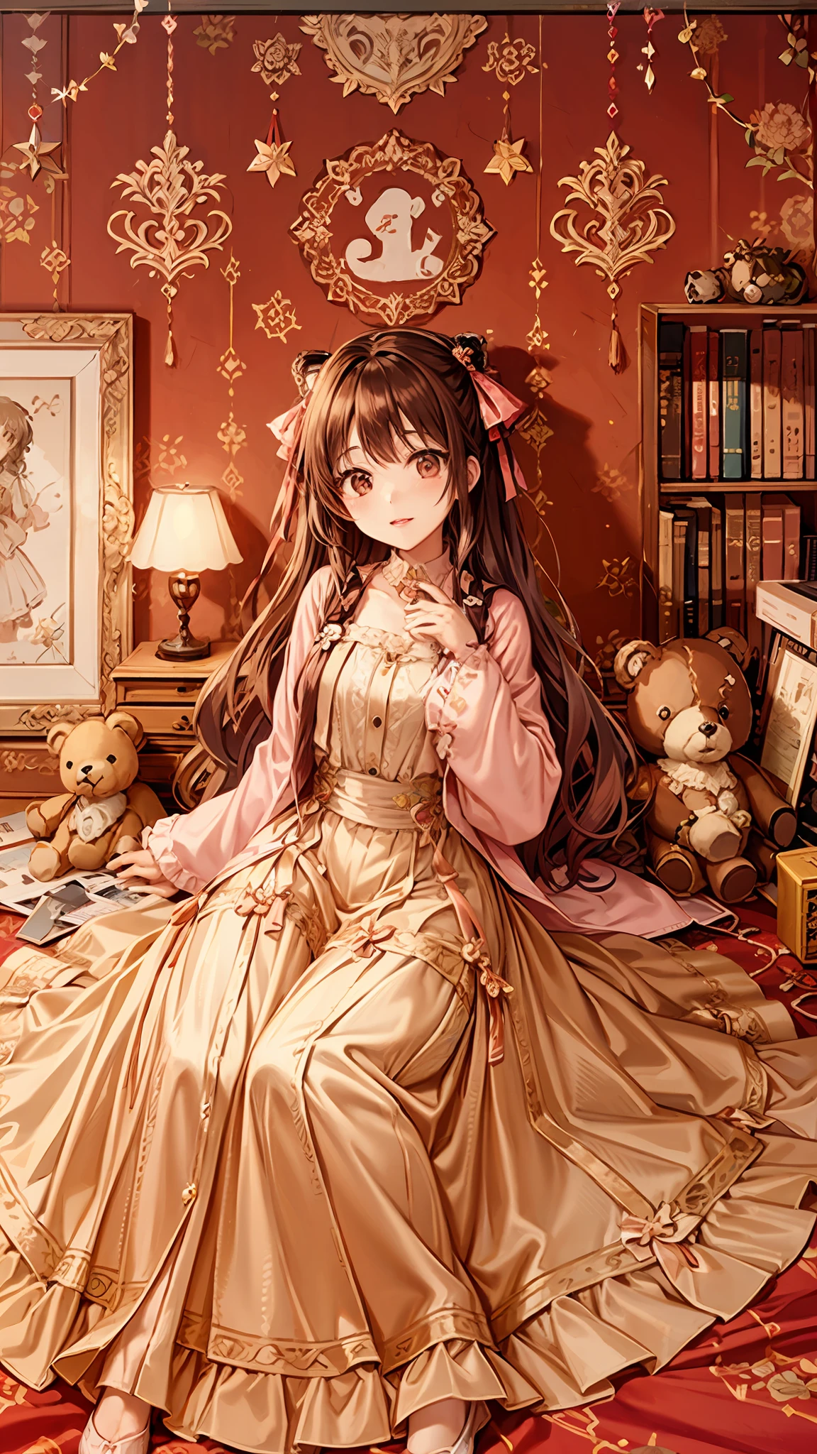 There is a painting，A girl sits with a teddy bear, portrait of magical lolita girl, Soft anime illustration, Official illustration, lolita fashion, Lolita style, angelic pretty, Lolita, Loli, decora inspired illustrations, DDLC, Kawaii style, Goldilocks, fairy-tale illustration style, dreamlike illustration, kawaii aesthetic, lollipop, author：Ayami Kojima，The overall color of the picture is pink