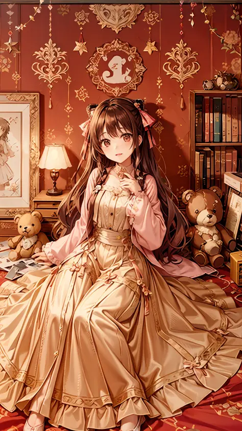 there is a painting，a girl sits with a teddy bear, portrait of magical lolita girl, soft anime illustration, official illustrati...