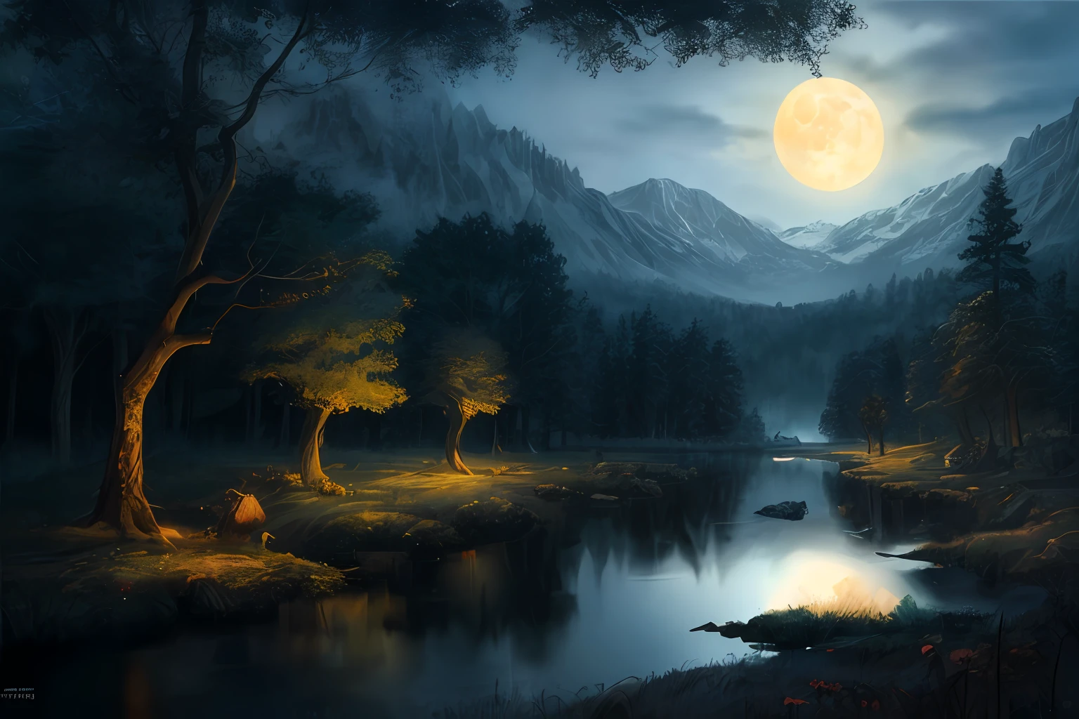 (masterpiece, best quality:1.4), relaxing landscape, beautiful lake, dark forest, bright moonlight, elvenforest, high detailed, trending on artstation