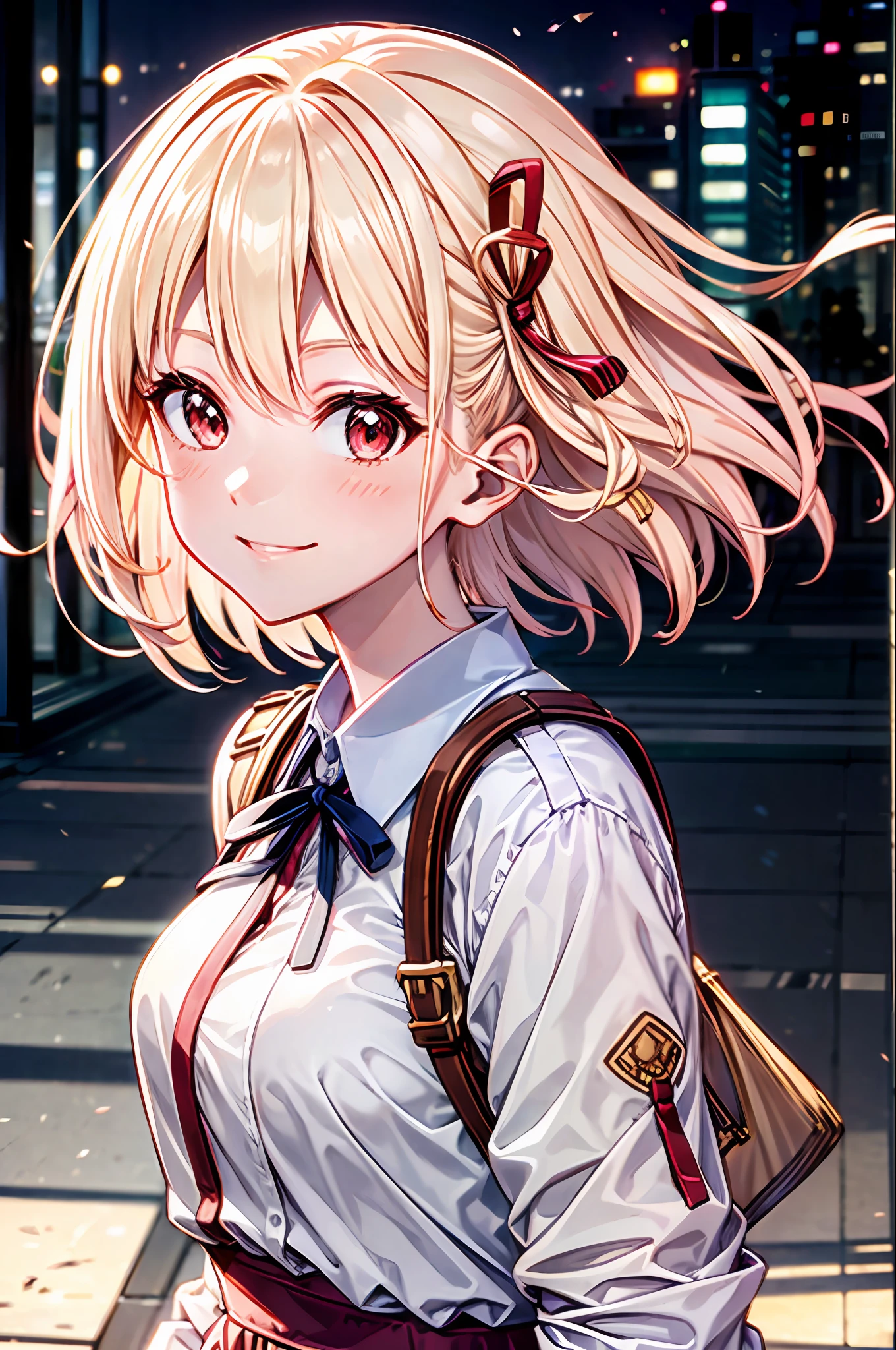 (best-quality:0.8), (best-quality:0.8), perfect anime illustration, extreme closeup portrait of a pretty woman walking through the city, short hair, chisato nishikigi, sweet smile, chill, blonde