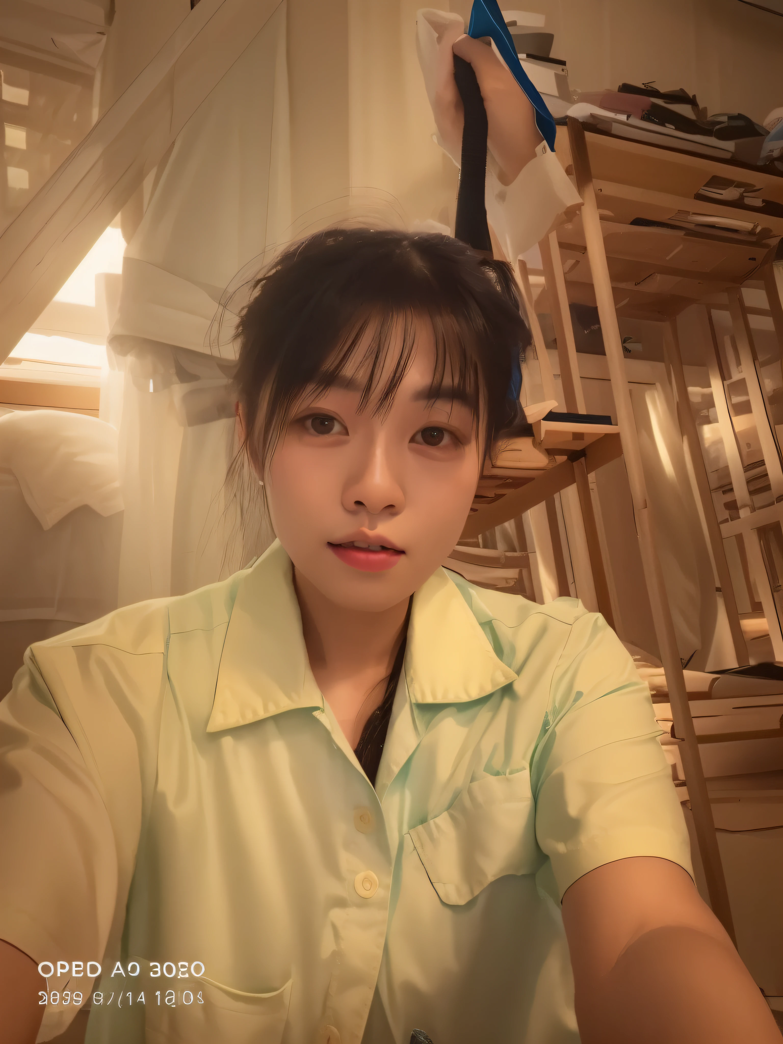 there is a woman sitting in a room with a ladder, 8k selfie photograph, thawan duchanee, photo portrait, nivanh chanthara, profile image, 3 0 years woman, selfie photo, potrait, she is facing the camera, dang my linh, phuoc quan, portait photo, work clothes, working clothes