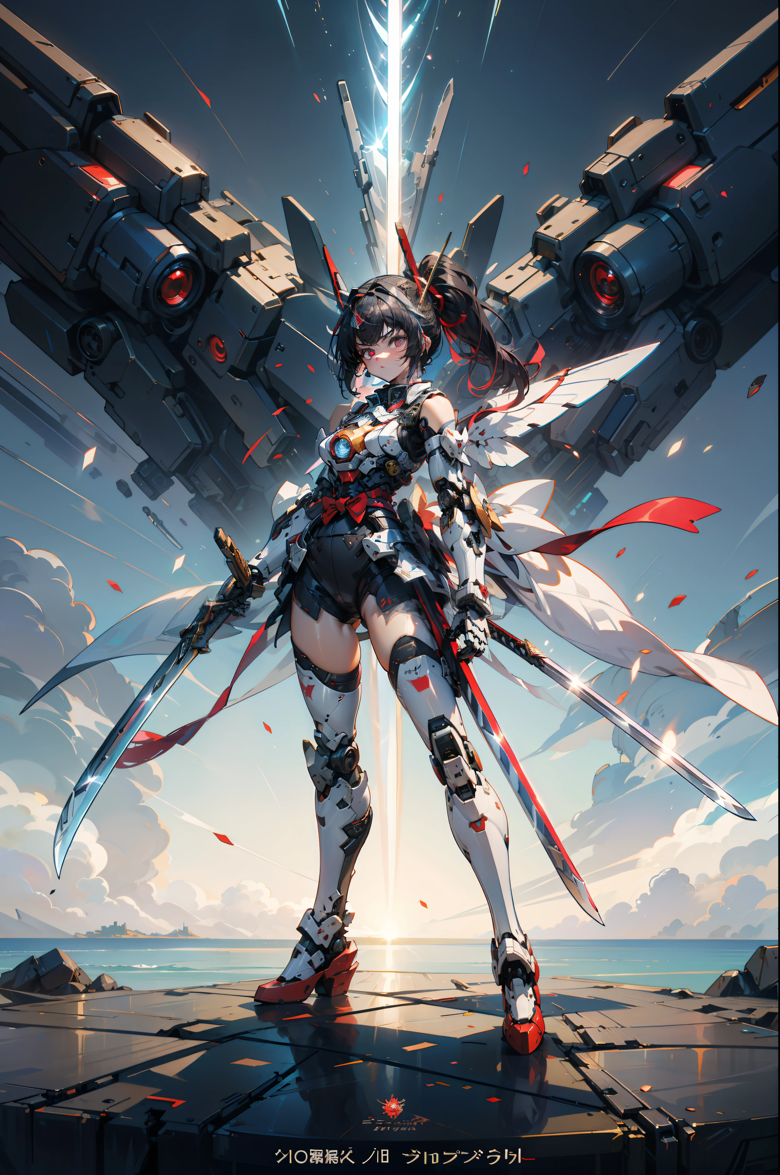hyper quality, hyper detailed,perfect drawing,Solo, Beautiful Girl, master piece, (mecha musume), mechanical armor, headgear, mechanical wings, holding huge gunSamurai wielding a sword, Black Ponytail, Hair tied up with a large red ribbon, Equipped with two Japan swords ((extra huge oversize cool samurai_sword in hands, extra huge cool weapon machine)), open stance, action pose,purgatory,