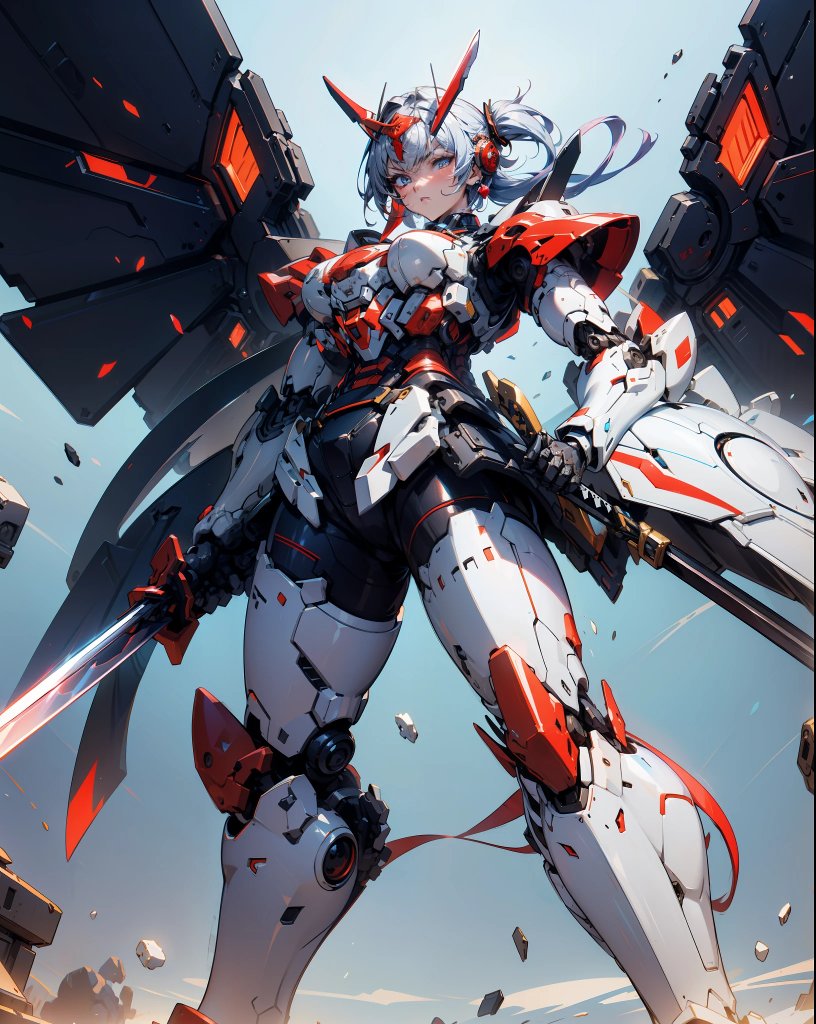 hyper quality, Hyper Detailed,Perfect drawing,Solo, Beautiful Girl, ​master piece, (mecha musume), Mechanical armor, Headgear, mechanical wings, holding huge gunSamurai wielding a sword, Black ponytail, Hair tied up with a large red ribbon, Equipped with two Japan swords ((extra huge oversize cool samurai_sword in hands, extra huge cool weapon machine)), open stance, actionpose,purgatory,
