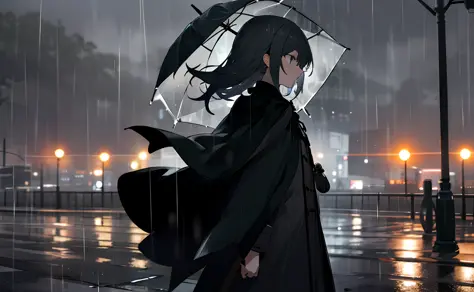 rainy evening，wind coat，Back Shadow，4k，8k，oras，A small amount of light，Can't see the physiognomy，wide wide shot，Cover the whole body，black capelet，Rain，sad，dreary，Pedestrians hurry，bblurry