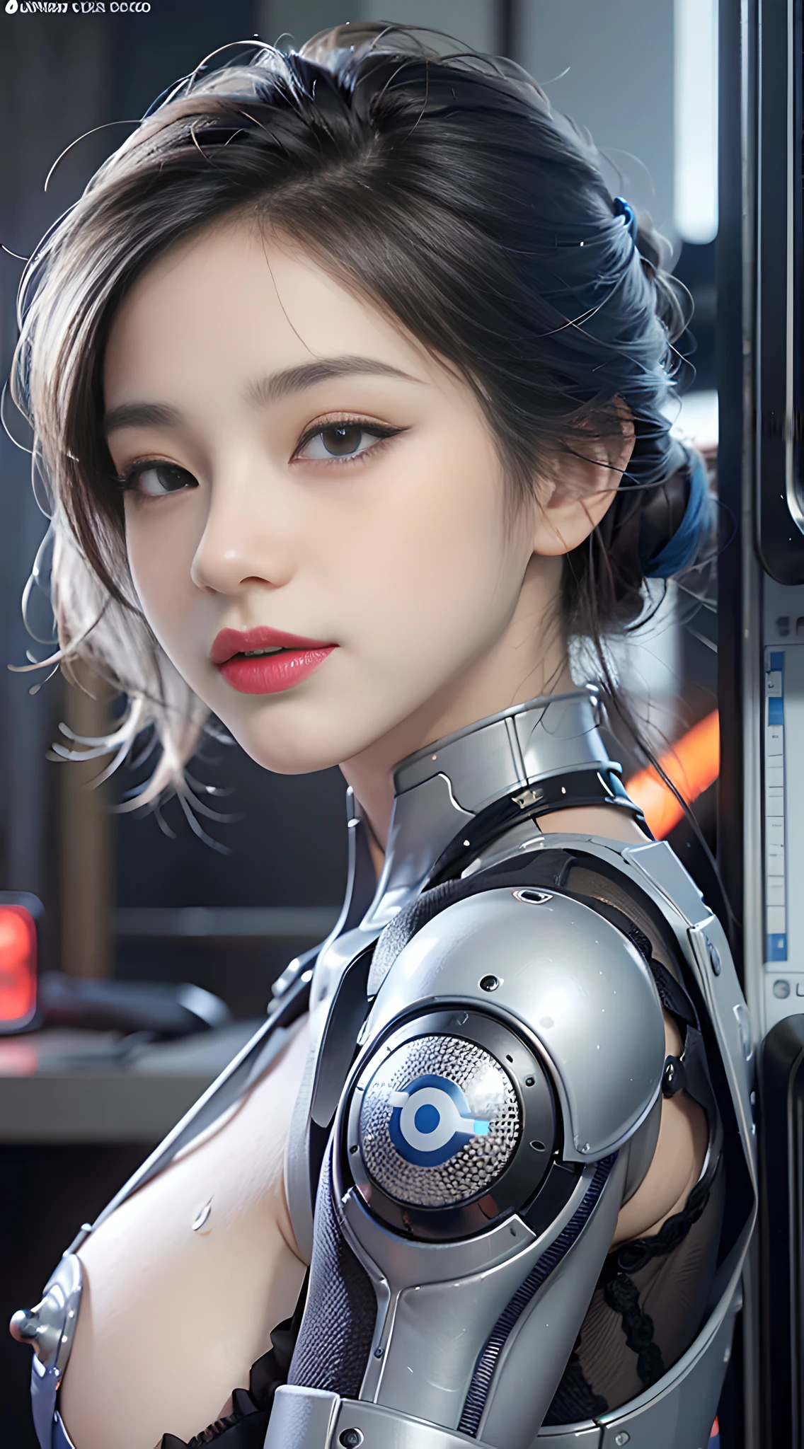 Complex 3d rendering รายละเอียดมาก beautiful porcelain silhouette asian woman, ใบหน้าหุ่นยนต์, เกราะหนักแก้วใส, แถบสีขาวเรืองแสง, ผมสีฟ้า, ดวงตาสีฟ้า, ไซบอร์ก, ชิ้นส่วนหุ่นยนต์, แขนหุ่นยนต์, ขาหุ่นยนต์, ข้อต่อทางกล, ดูที่ผู้ชม, 150มม, แสงอ่อน, แสงขอบ, รายละเอียดที่มีชีวิตชีวา, ไซเบอร์พังก์ที่หรูหรา, ลูกไม้, สถิตยศาสตร์, กายวิภาคศาสตร์, กล้ามเนื้อใบหน้า, พอดีคับ, สายไฟ, ไมโครชิป, สง่างาม, พื้นหลังที่สวยงาม, การเรนเดอร์ออกเทน, คุณภาพดีที่สุด, ผลงานชิ้นเอก, ภาพประกอบ, ปราณีตและสวยงามเป็นอย่างยิ่ง, รายละเอียดมาก, ซีจี, ปึกแผ่น, วอลล์เปเปอร์, (เหมือนจริง, เหมือนจริง: 1.37), รายละเอียดที่ดี, ผลงานชิ้นเอก, คุณภาพดีที่สุด, ศิลปะอย่างเป็นทางการ, รายละเอียดมาก ซีจี ปึกแผ่น 8k วอลล์เปเปอร์, เต็มตัว, ยิ้ม, การต่อสู้, ใหญ่ , เมืองแห่งอนาคต, กลางแจ้ง, เวลากลางวัน, ฟ้าโปร่ง. ยกกระชับรูปด้วยอายไลเนอร์สีม่วงที่ 75 มุม