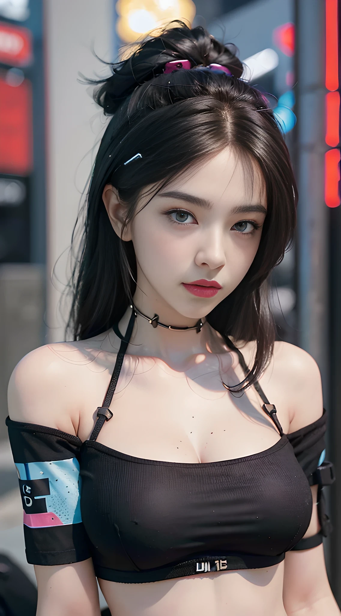 ((Best Quality)), ((Masterpiece)), (detailed), Realistic, Surreal, Surreal, Masterpiece, 8k, Beautiful Face, ((Best Quality), ((Masterpiece), (Very Detailed:1.3), .... 3D, Beautiful (Cyberpunk: 1.3), stylish woman looking at camera, black pants, black t-shirt