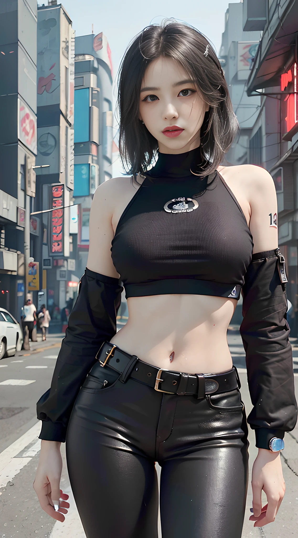 ((Best Quality)), ((Masterpiece)), (detailed), Realistic, Surreal, Surreal, Masterpiece, 8k, Beautiful Face, ((Best Quality), ((Masterpiece), (Very Detailed:1.3), .... 3D, Beautiful (Cyberpunk: 1.3), stylish woman looking at camera, black pants, black t-shirt