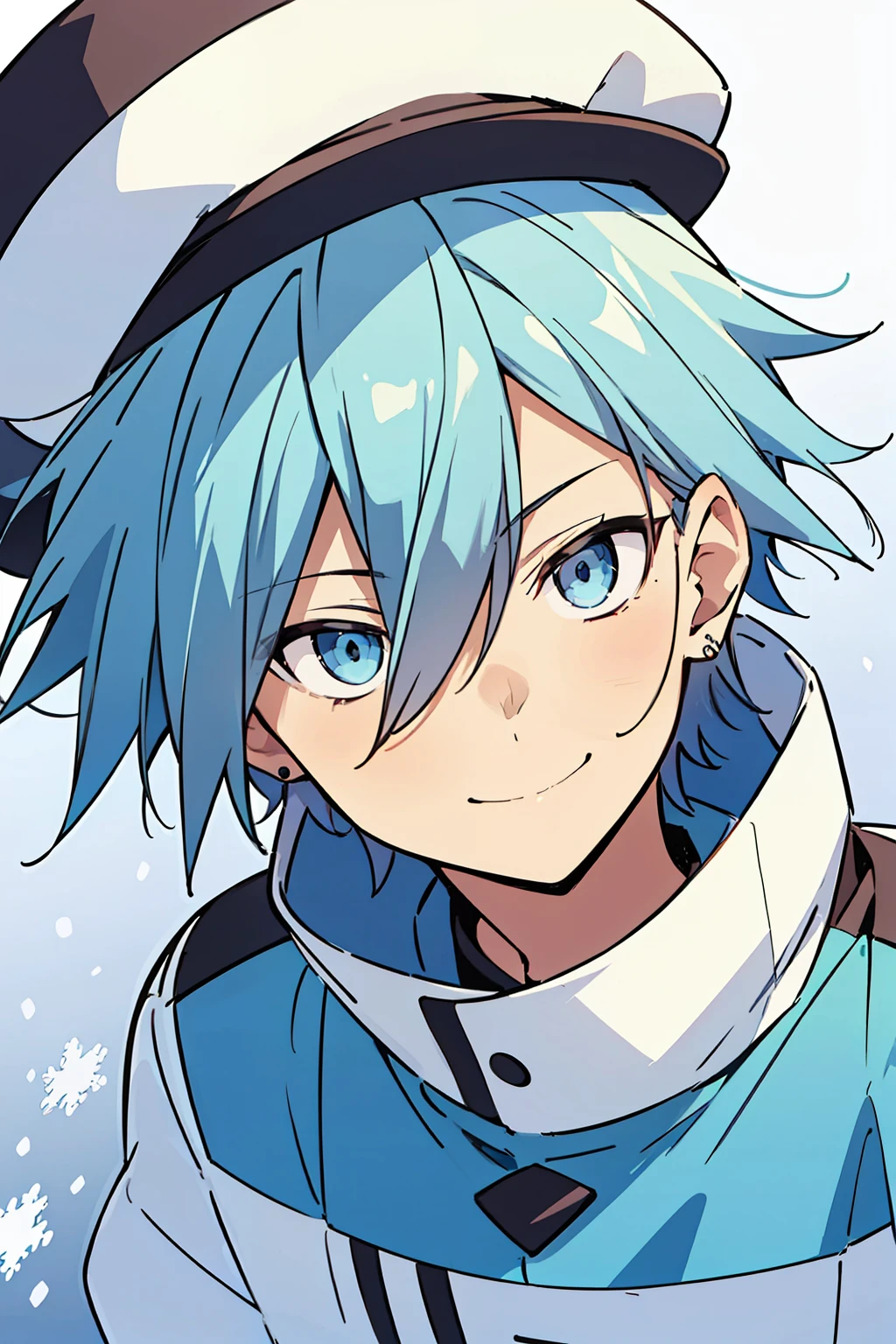 (high-quality, breathtaking),(expressive eyes, perfect face), 1boy, male, solo, short, young boy, light blue hair, light blue eyes, smile, white winter outfit, hat, snow