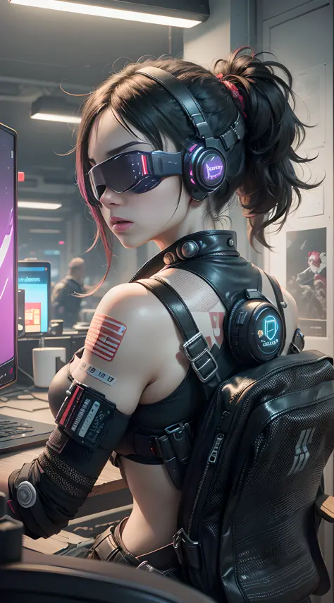 ((Best Quality)), ((Masterpiece)), (Very detailed:1.3), 3D, Beautiful (Cyberpunk:1.3) Female hacker, Mohican hairstyle, back to ...