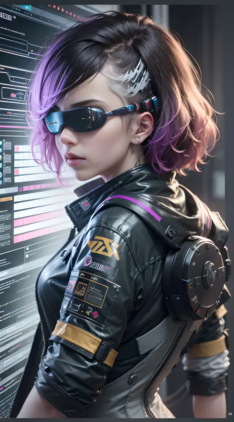 ((Best Quality)), ((Masterpiece)), (Very detailed:1.3), 3D, Beautiful (Cyberpunk:1.3) Female hacker, Mohican hairstyle, back to ...