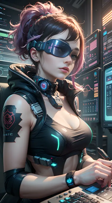 ((best quality)), ((masterpiece)), (very detailed:1.3), 3d, beautiful (cyberpunk:1.3) female hacker, mohican hairstyle, back to ...