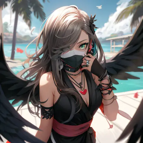 anime girl with black wings and a mask on her face, Green eyes、Long black straight hair、anime style 4 k, Very detailed ArtGerm, ...